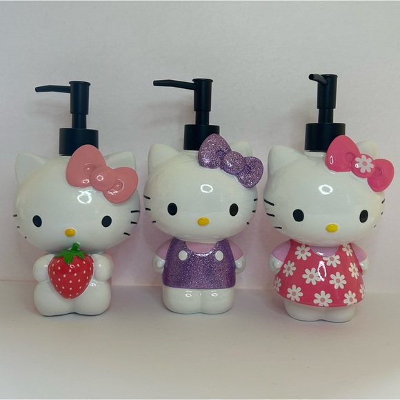 Hello Kitty Bundle of 3 Soap Dispensers Purple Glitter, Strawberry, & Flowers - Picture 1 of 3